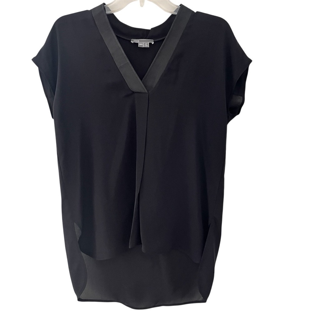 Vince Sleeveless Black Silk V Neck Top Lamb Leather Trim XXS